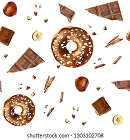 Seamless Watercolor Pattern With Pastry Products. Chocolate, Donut, Hazelnuts, Chocolate Chunks In Repeat. Hand Drawn Background For Wrapping Paper, Packaging, Stationery.