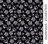 Seamless watercolor pattern. Paws and paw prints of pets, dogs and cats on a black background, all objects are hand-painted with watercolors. For printing on paper, designing pet products, postcards.