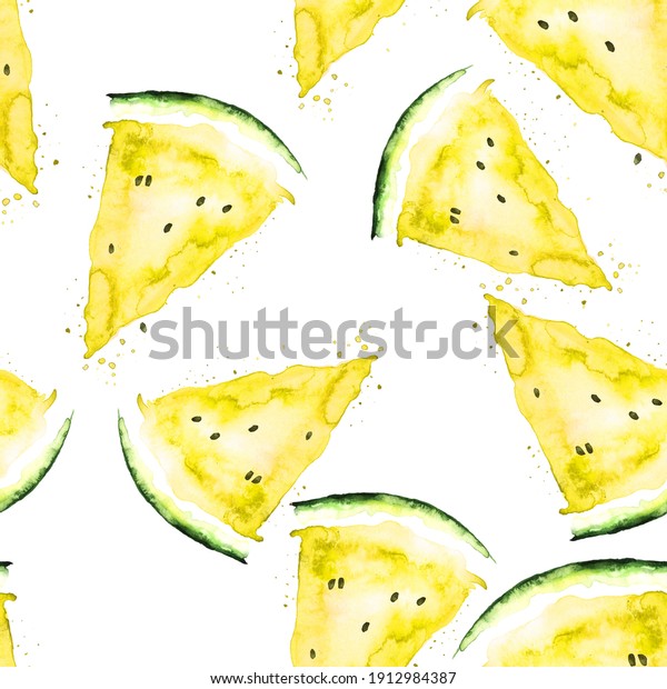 Seamless watercolor pattern with a piece of yellow\
Watermelon, vintage bright drawing of a topical fruit. Watercolor\
summer pattern of yellow watermelon.watermelon seeds,\
spray,watermelon juice,\
mango