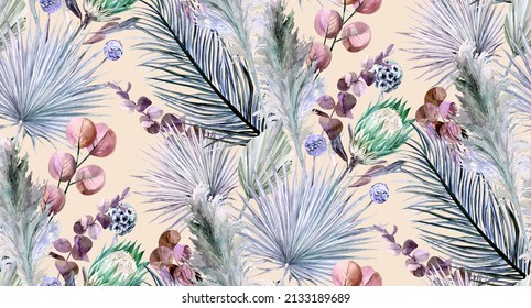 Seamless watercolor pattern with protea flowers and tropical palms and eucalyptus branches drawn on a beige background. Summer stylized textiles and surface designs