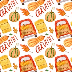 Seamless Watercolor Pattern With Pumpkins, Leaves, Red Car, Hay And Simple Text On A White Background. Pattern For Harvest Festival, Thanksgiving, Halloween Etc.