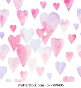 Seamless watercolor pattern with regular colorful hearts. Light and soft tints of pink, girlish design. Hand-painted romantic texture for packaging, wedding, birthday, Valentine's Day, mother's day