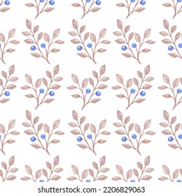 Seamless Watercolor Pattern Of A Ripe Blueberry Sprig On A White Background, Textile, Wrapping Paper, Wallpaper