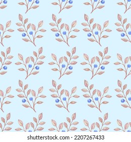 Seamless Watercolor Pattern Of A Ripe Blueberry Sprig On A Blue Background, Textile, Wrapping Paper, Wallpaper