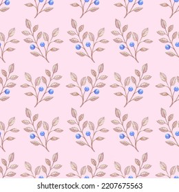 Seamless Watercolor Pattern Of A Ripe Blueberry Sprig On A Pink Background, Textile, Wrapping Paper, Wallpaper