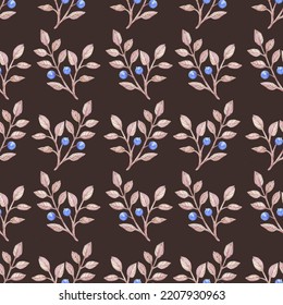 Seamless Watercolor Pattern Of A Ripe Blueberry Sprig On A Black Background, Textile, Wrapping Paper, Wallpaper