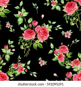 Seamless Watercolor Pattern With Rose Buds And Leaves-1