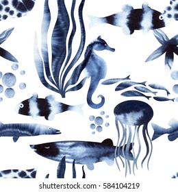 Seamless Watercolor Pattern, Sea Life