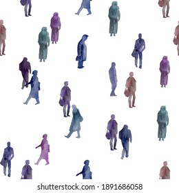 Seamless Watercolor Pattern Of Silhouettes Of People On A White Background.