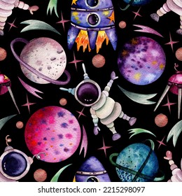 Seamless watercolor pattern with space objects. Multicolored planets, satellite, spaceship, cartoon astronauts, stars, comets on a black background. Design for wrapping paper.