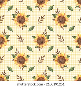 Seamless Watercolor Pattern With Sunflowers And Leaves On The Yellow Plaid Background