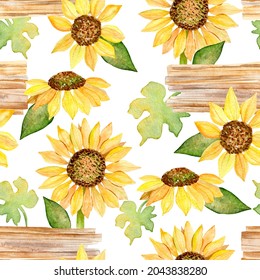 Seamless Watercolor Pattern With Sunflowers On Wood Background.Design For Print, Wrapping Paper And Other.