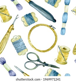 seamless watercolor pattern tools for embroidery. hoops, threads, scissors, yarn, punch needle. tools for carpet embroidery and embroidery with beads, sequins. isolated on white background. vintage