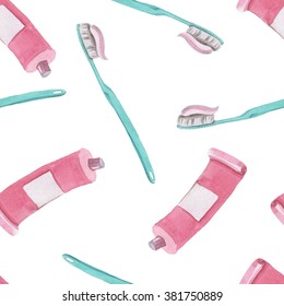 Seamless Watercolor Pattern With Toothpaste And Toothbrush