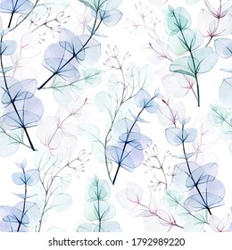 
seamless watercolor pattern with transparent eucalyptus leaves on a white background. eucalyptus leaves of pastel colors pink, blue, green, purple. delicate pattern for wedding, fabric, wallpaper