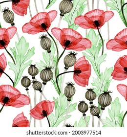seamless watercolor pattern and transparent poppy flowers  transparent flowers   leaves poppy red color isolated white background  print for fabric  wallpaper  wrapper