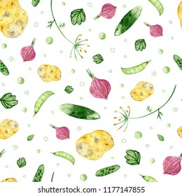 Seamless watercolor pattern with vegetables on white background