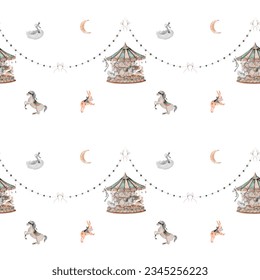 seamless watercolor pattern with vintage animal carousel. beautiful pattern in vintage style with garlands and flags, magic wand, month and stars. for princesses.