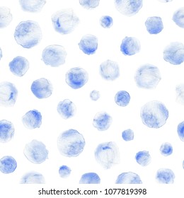 Seamless watercolor polka dot pattern in shades of cobalt blue. All over hand-painted texture for digital textile printing, gift wrap and wallpaper backgrounds. 