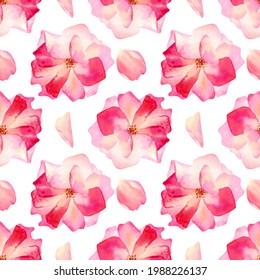 Seamless watercolor roses pattern. Floral background with pink roses and petals