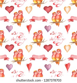 Seamless watercolor set birds in love  dice  hearts lettering be my valentine