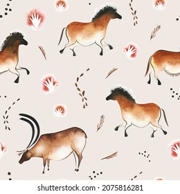 Seamless watercolor texture with rock arts-dots,hands,horses and deers. The Paleolithic era.Perfect for educations,books,prints,textile,wallpapers and more