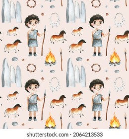 Seamless watercolor texture with rock arts-prehistoric person,fire,decorations,horses and stones. The Paleolithic era.Perfect for educations,books,prints,textile,wallpapers and more