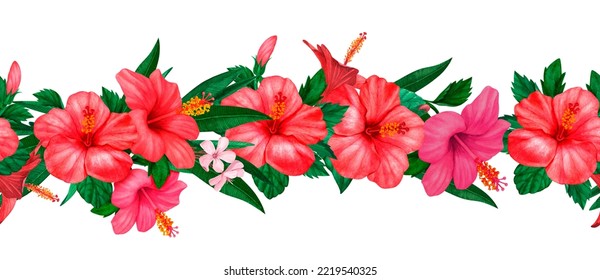 Seamless Watercolor Tropical Flowers Red And Delicate Pink Hibiscus With Leaves And Bud, Flowery Hawaiian Composition.Perfect For Card, Postcard, Tags, Invitation, Printing