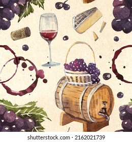 seamless watercolor wine pattern with drawings of wine glasses, bottle, barrel, grapes and vine leaves, collaged vintage style, on a textured old paper background