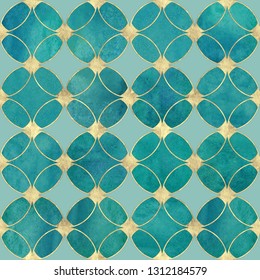 Seamless watercolour teal turquoise gold glitter abstract texture. Watercolor hand drawn grunge background with overlapping circles and golden contour pattern. Print for textile, wallpaper, wrapping