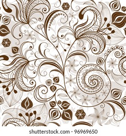 Seamless white and brown floral pattern with vintage flowers