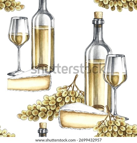 Seamless wine pattern. A bottle of white wine, a glass, a bunch of grapes, and cheese. Hand-drawn watercolor illustration. For packaging and labels, textiles and wallpaper, restaurant and bar menus.