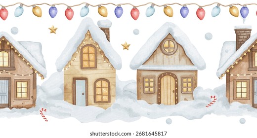 Seamless winter border pattern with snow-covered wooden houses, glowing garlands, multicolored illumination, and stars on white background. Perfect for Christmas design and holiday decor