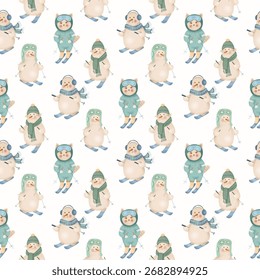 Seamless winter pattern with cute skiing cats and snowmen in cozy hats, scarves, and earmuffs. Soft pastel illustration perfect for Christmas wrapping paper, fabric, and festive designs.