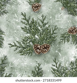 Seamless winter pattern with evergreen cedar branches, natural pine cones and falling snow on a soft green watercolor background, ideal for Christmas designs, textiles and wallpapers