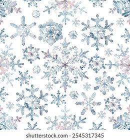 Seamless winter pattern. Granulation watercolour snowflakes on a white background. Frost crystals drawings. Hand drawn illustration. For fabric, sketchbook, wrapping paper, invitation decor, wallpaper
