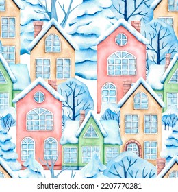 A Seamless Winter Pattern With Houses And Snow-covered Trees On A White Background. Hand-drawn Watercolor Illustration. Design Of Children's Fabric, Textiles, Gift Wrap, Cover.