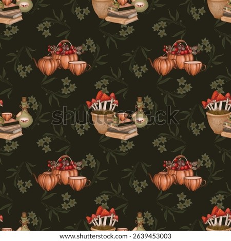 Seamless witchy pattern with books, potions, mushrooms, pumpkins, berries, and cups on a dark floral background. Perfect for cozy Halloween, magical autumn, and mystical themed designs.