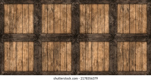 Seamless Wood Barrel Or Wooden Crate Or Shipping Box Background Texture. Tileable Rustic Grunge Redwood Or Oak Planks With Wooden Straps. Vintage Winery Freight Or Storage Concept 3D Rendering.
