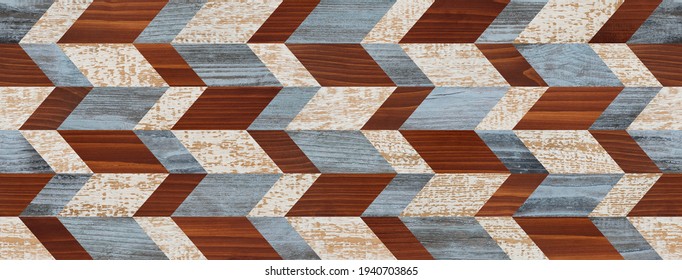 Seamless Wood Texture Background. Colorful Parquet Floor With Chevron Pattern. Shabby Wooden Wall.