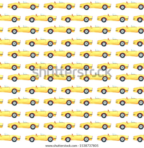 Seamless yellow watercolor cars pattern on\
white\
background