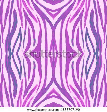 Seamless Zebra Print. Fashion Wild Texture. Bright Watercolor Stripes. Seamless Wildlife Wallpaper. Animal Fur. Abstract Zoo Texture. Watercolor Lines. Seamless Violet Safari Background.