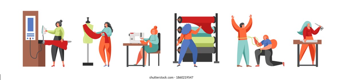 Seamstress fashion designer dressmaker cartoon characters working in tailoring shop using sewing machine measuring tape dummy flat isolated illustration. Sewing studio, garment factory, atelier