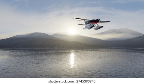 Seaplane floatplane flying low over a calm mountain lake at sunrise with misty hills and reflective water, 3d Rendering