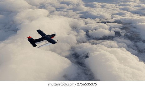 Seaplane flying above a dramatic cloudscape at golden hour, evoking freedom and adventure; 3d Rendering