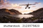 Seaplane Flying over the Glacier Lake and Mountains Landscape at sunset. Adventure Composite. 3D Rendering Airplane. Background Image from Whistler, British Columbia, Canada.