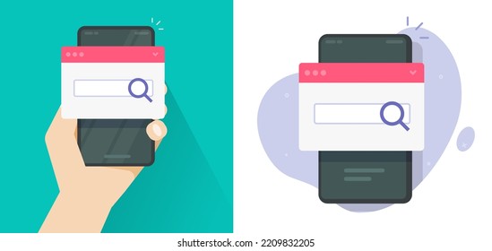 Search App On Internet Browser As Mobile Cell Phone Seo Engine Or Web Information Find On Smartphone Cellphone Online Flat Cartoon Illustration Graphic Modern Design