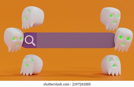 Search Bar With Cute Skulls On Background.Happy Halloween Mockup Screen In A Mysterious Night Sceneconcept.3D Rendering Illustration.