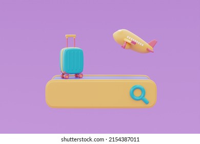 Search Bar With Green Suitcase And Airplane,Tourism And Travel Plan To Trip Concept,holiday Vacation,summer Time,3d Rendering