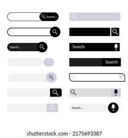 Search Bar User Interface Collection, Desing Ui. Search Web Bar, Navigation Website Ui, Element To Find Information, Browser With Mic And Magnifier Illustration